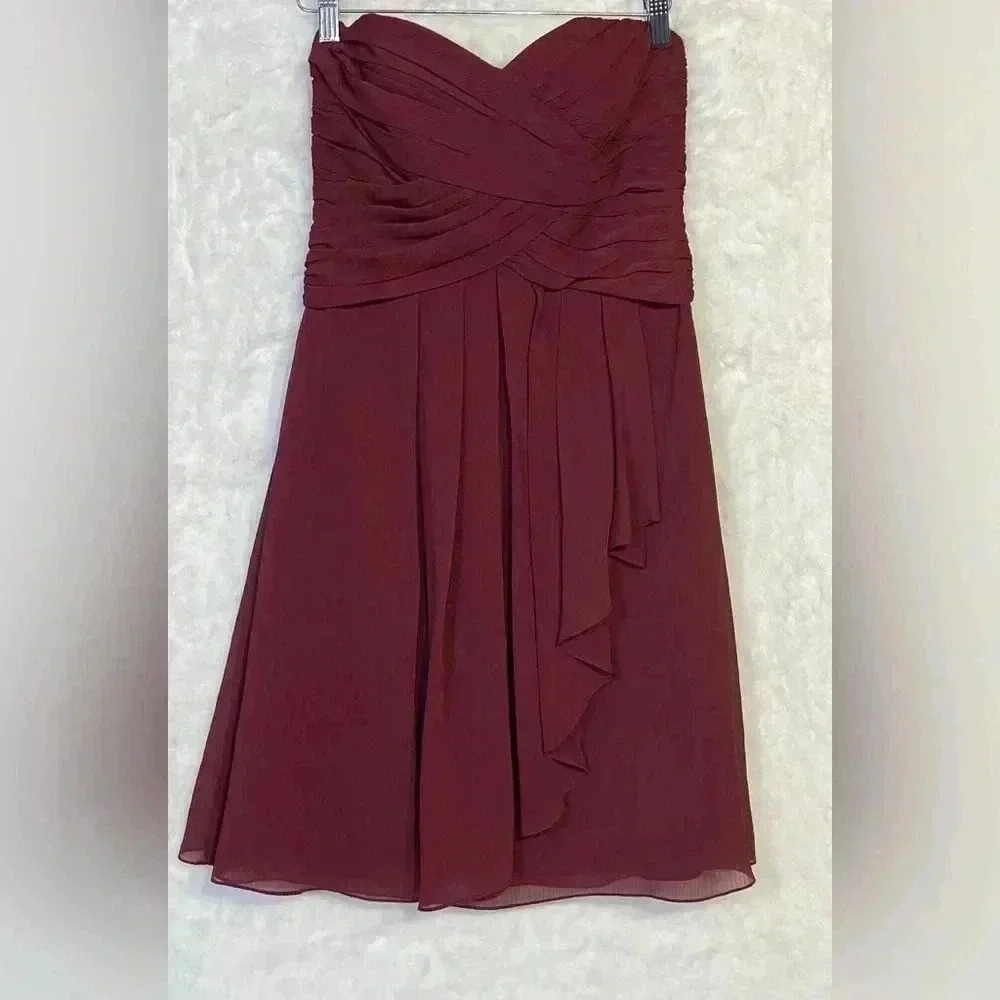 David's Bridal Strapless Burgundy Chiffon Dress